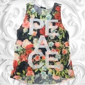 ISSI Gauzy Semi-Sheer Multi-Color Tank “PEACE” Floral NWOT